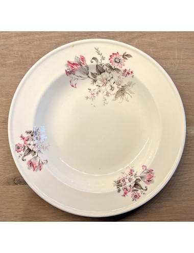 Diep bord / Soepbord / Pastabord - Petrus Regout - décor van grijs met roze bloemen
