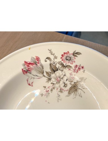 Diep bord / Soepbord / Pastabord - Petrus Regout - décor van grijs met roze bloemen