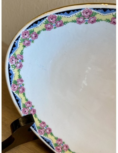 Sour dish / Ravier - Boch - décor border of pink roses on a pastel yellow background with blue/black accents