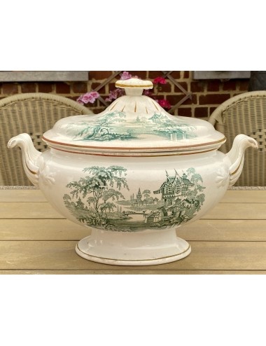 Soup tureen - large oval model - Faiencerie de Jemappes - décor vam Asian-looking buildings and trees with gold lines