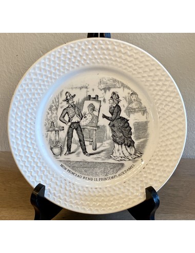 Plate / ornamental plate - Faïencerie de Jemappes - décor MON PEINCEAU REND LE PRINTEMPS AUX DAMES in black and white