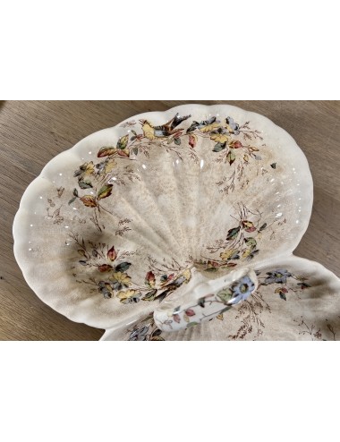Cookie bowl with handle in center - blind mark IVORY - scalloped décor with blue and pink flowers and birds.