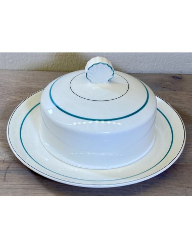 Butter dish - round model with fixed bottom dish - unmarked - cream with green stripe