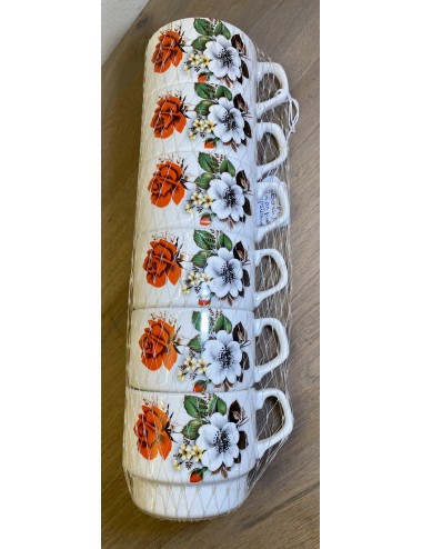 Cups in a net - 6 pieces - unmarked but Boch - décor of a rose with a white flower