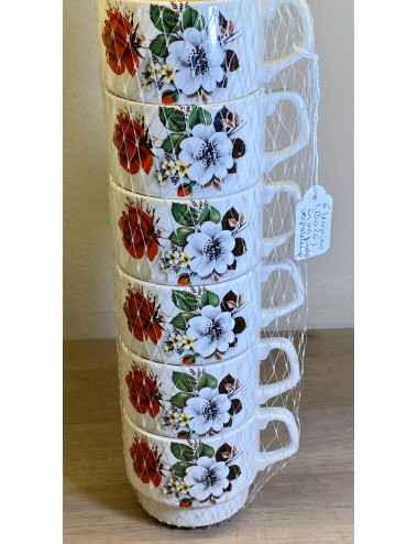 Cups in a net - 6 pieces - unmarked but Boch - décor of a rose with a white flower