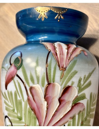 Vase -glass - hand-painted in azure blue, pink and green