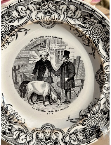 Decorative plate / Dessert plate - Gien - Geoffroy et Cie - décor in black and white - No. 2 La Fermier....