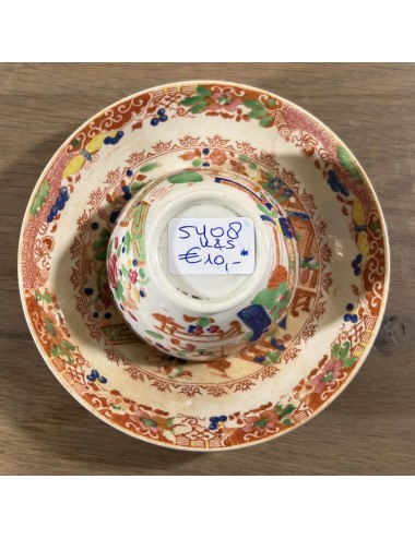 Bowl with saucer - unmarked (England?) - partly hand-painted Chinese décor in pink, green and blue