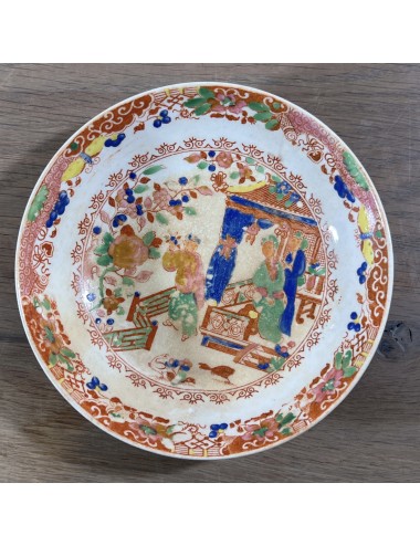 Bowl with saucer - unmarked (England?) - partly hand-painted Chinese décor in pink, green and blue