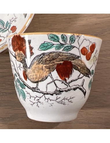 Kommetje met schoteltje - Societe Ceramique Maestricht - décor OISEAUX-MOUCHES met oranje luster