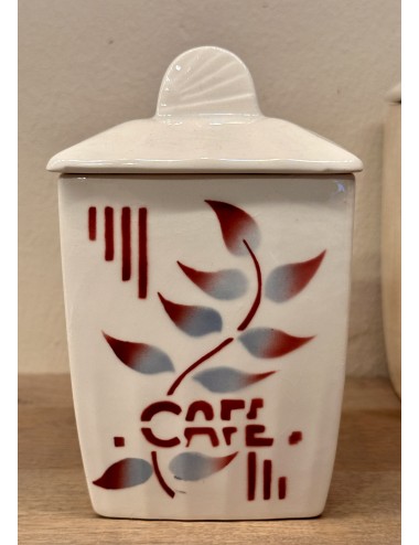 Voorraadpot met opschrift CAFÉ - gemerkt France - uitvoering in rood en grijsblauw spuitdecor