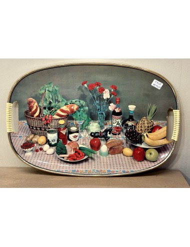 Dienblad met geplastificeerde vintage décor afbeelding Vermouth, stokbrood, fruit, vlees, groenten en anjers