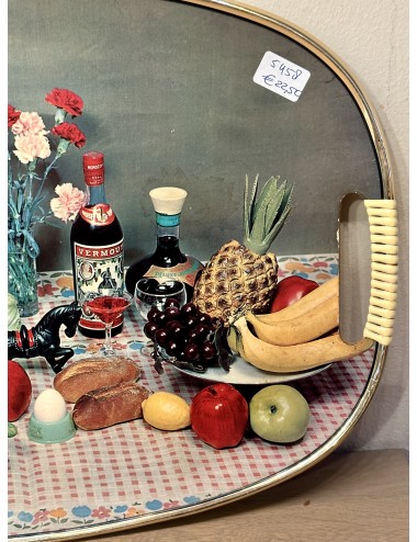 Tray with plasticized vintage décor image Vermouth, baguette, fruit, meat, vegetables and carnations