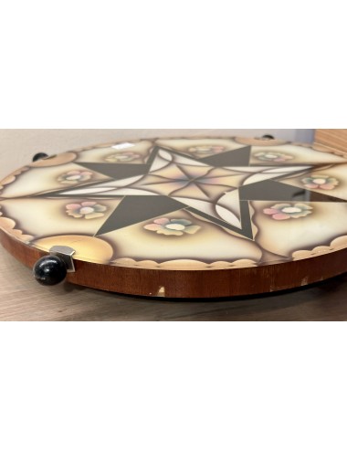 Turntable / Presentation tray of wood with glass protection plate under which Art Deco decoration