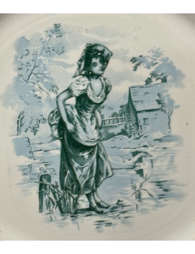 Ontbijtbord / Dessertbord / Sierbord - Petrus Regout - décor 244 in groen met afbeelding van een vrouw
