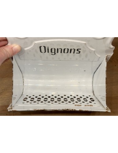 Onion tray - hanging model - version in white enamel with French lettering OIGNONS in black