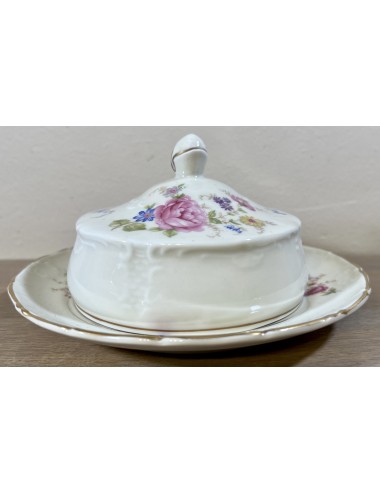 Butter dish - round model with lower bowl - Mosa - décor in blue/pink flowers