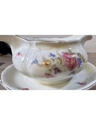 Gravy boat / Sauce bowl - round model with 2 spouts - Mosa - décor in blue/pink flowers