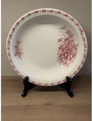 Plate / Terrine - half-deep round model - Moulin des Loups - décor BOUQUET in red with flowers