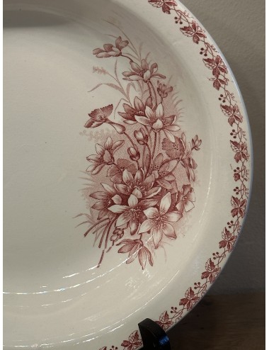 Plate / Terrine - half-deep round model - Moulin des Loups - décor BOUQUET in red with flowers