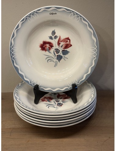 Deep plate / Soup plate / Pasta plate - unmarked but probably French (Sarreguemines) - décor in gray with red flowers