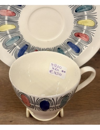 Cup and saucer - Petrus Regout - dated 1967- décor black/yellow/green/blue/red