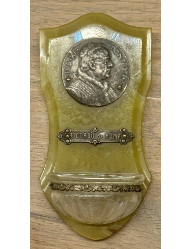 Holy water container - green plastic with a metal plate/image of Pope Pius XI