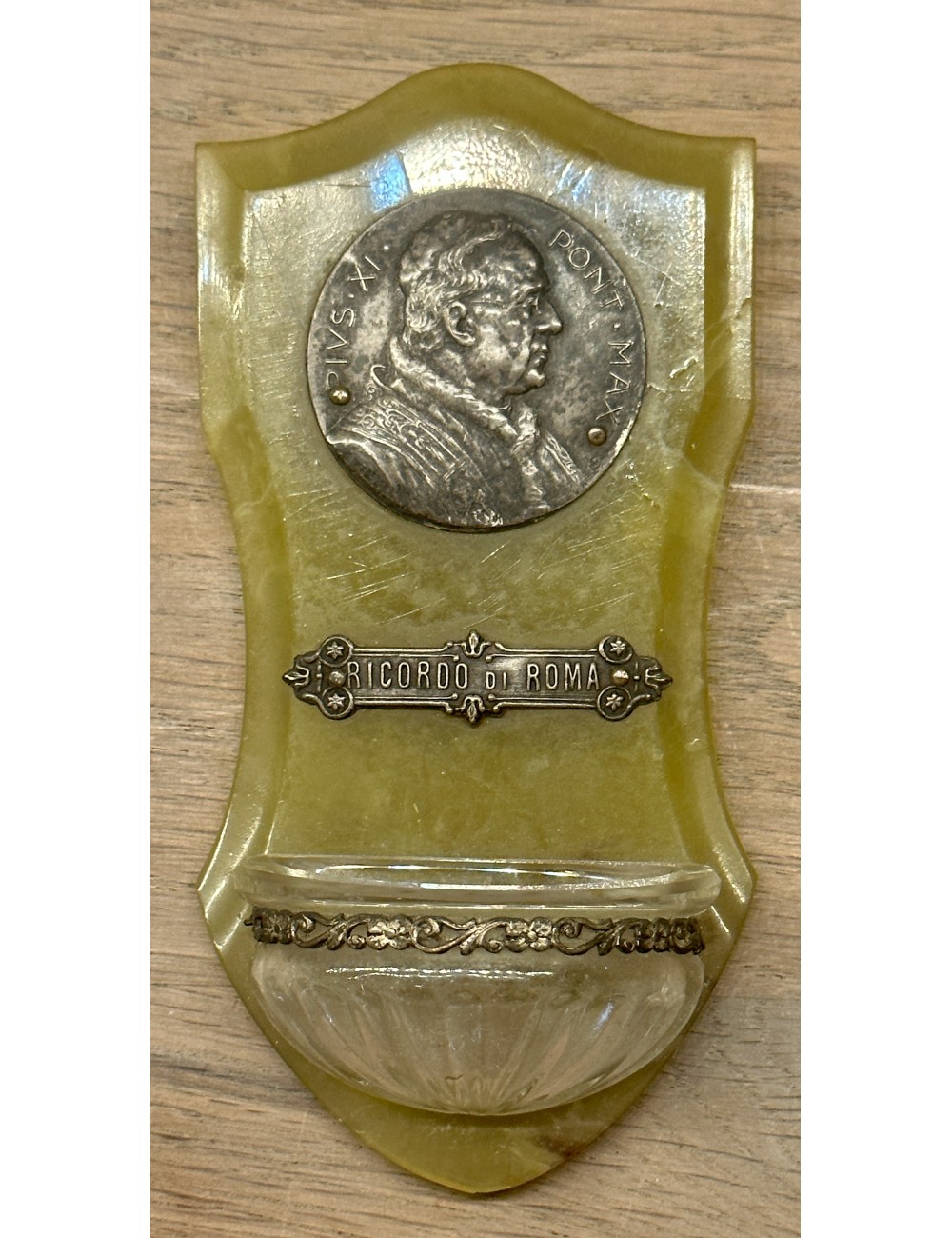 Holy water container - green plastic with a metal plate/image of Pope Pius XI