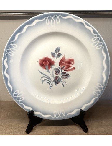 Plate - large round model - Sarreguemines Digoin - décor MARINETTE in gray-blue with red flowers