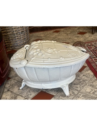 Coal kit / Charbonniére - cream/white enameled cast iron with embossed image of flowers