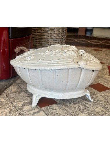 Coal kit / Charbonniére - cream/white enameled cast iron with embossed image of flowers