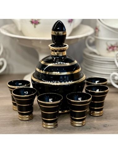 Liqueur set - decanter with 6 glasses - Booms glass from the Rupel - executed in black with gold color