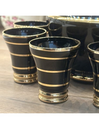 Likeurset - karaf met 6 glaasjes - Booms glas van de Rupel - uitgevoerd in zwart met goudkleur