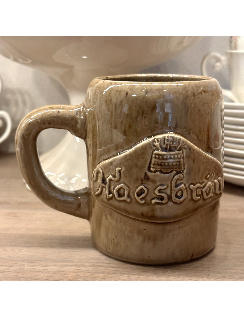 Beer mug - handmade by A. Noseda of Kuurne - marked inside bottom - light brown model