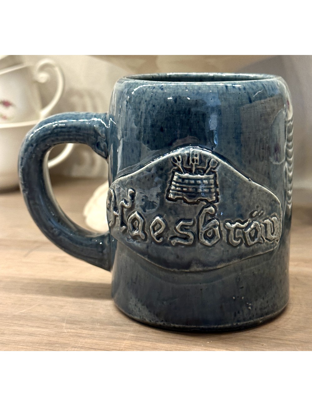 Beer mug - handmade by A. Noseda of Kuurne - marked inside bottom - blue model