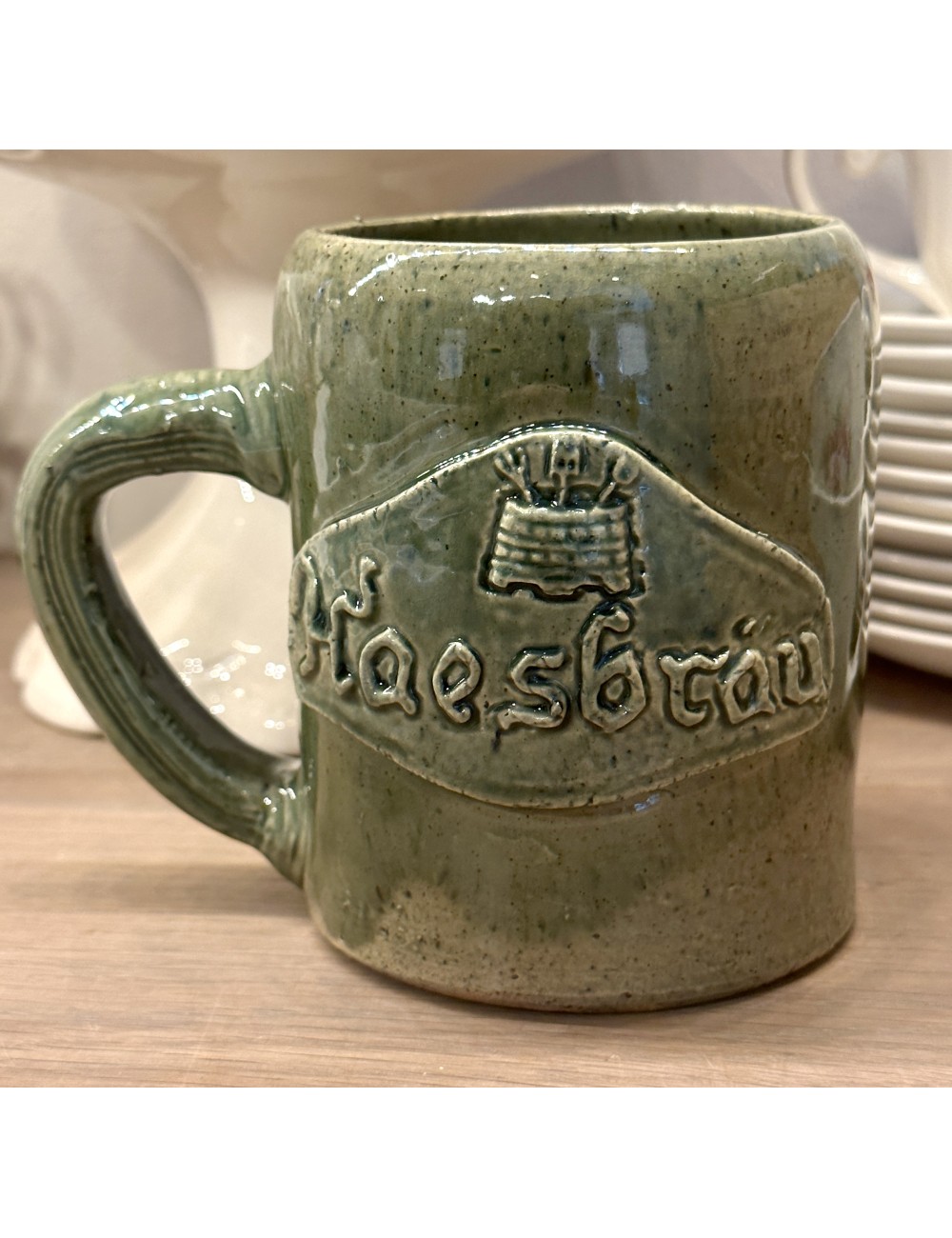 Beer mug - handmade by A. Noseda of Kuurne - marked inside bottom - bright green model