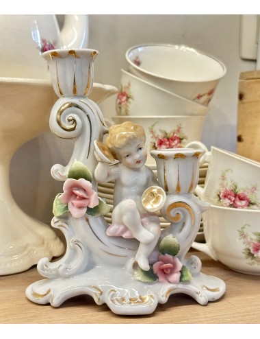 Candlestick - double holder - seated boy with roses and white/gold decoration