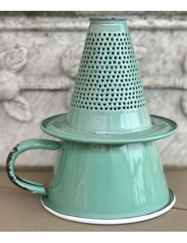 Colander / Funnel executed in green enamel with white top edge