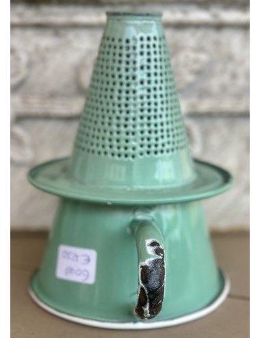 Colander / Funnel executed in green enamel with white top edge