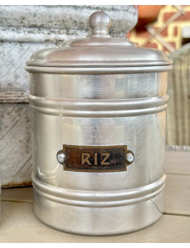 Storage can / Storage jar - metal/can model in large design - copper plate with inscription RIZ