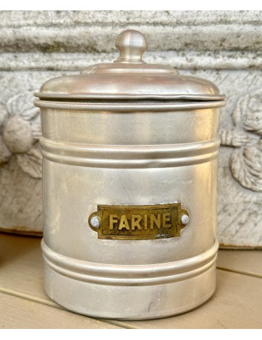 Storage can / Storage jar - metal/can model in large design - copper plate with inscription FARINE