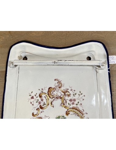 Spoon rack / Kitchen rack - version with drip tray - unmarked - white enamel with a decoration of sailing ships on water