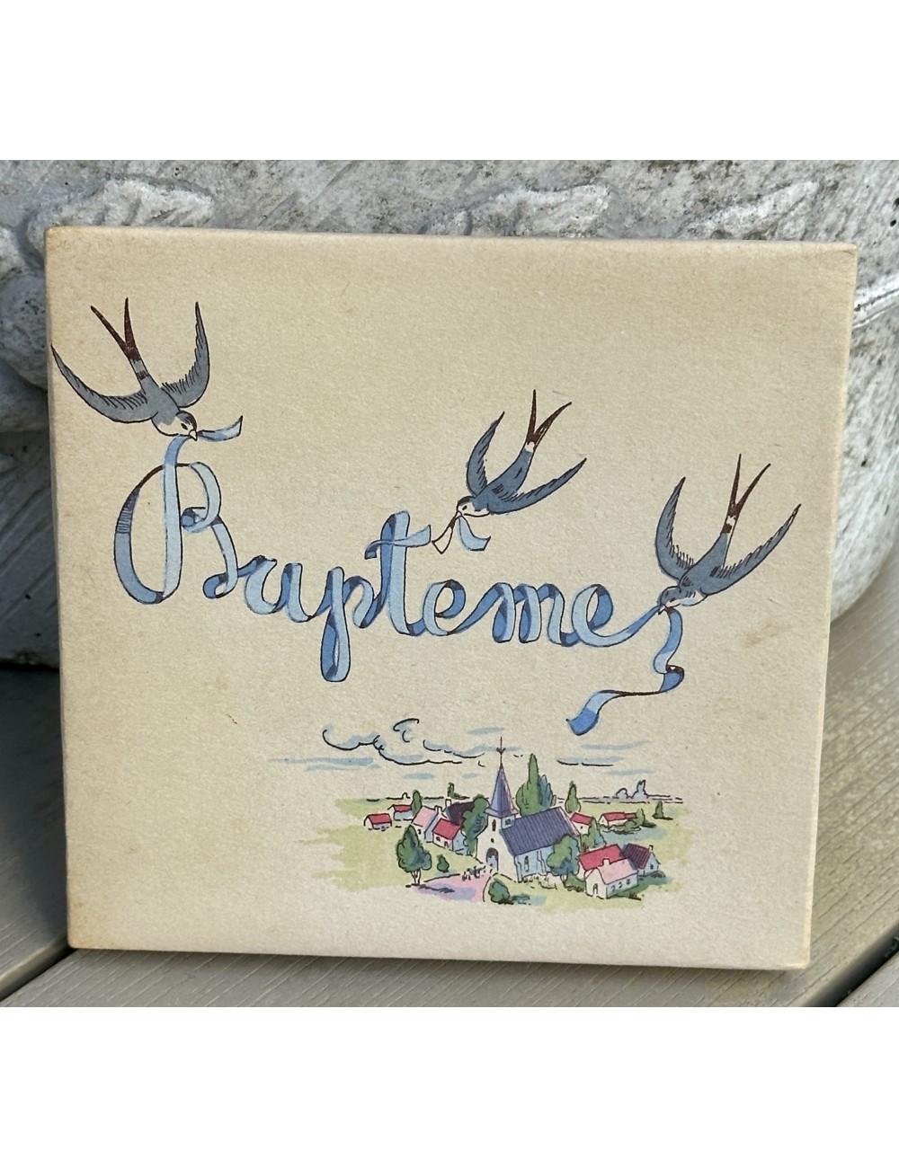 Christening sugar box - square model with image of swallows and the word 'BAPTÈME'