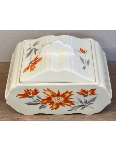 Cookie box - unmarked (blind mark 951 with an 'I') - décor in cream white with orange/gray flowers
