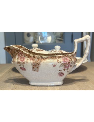 Gravy boat / Sauce boat - W.A.A. & Co - décor BACK executed in brown with pink flowers