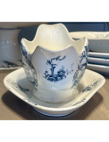 Gravy boat / Sauce bowl - unmarked - décor with windmills and sailing ships in petrol color
