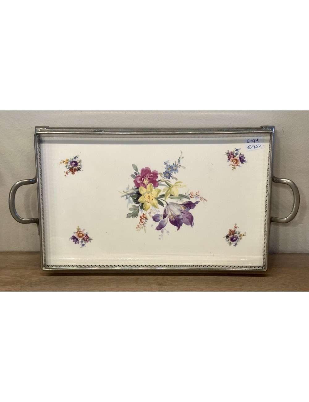 Tray in metal frame with handles (one loose) - décor with purple/pink and yellow flowers