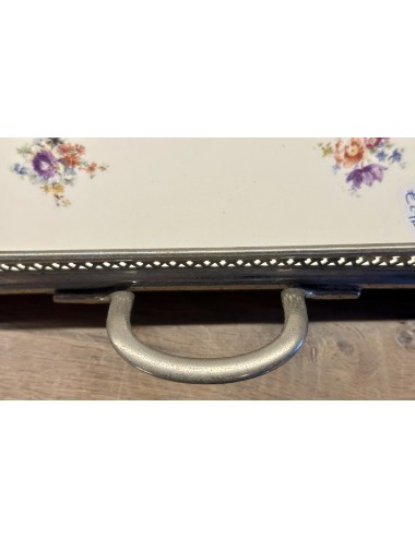 Tray in metal frame with handles (one loose) - décor with purple/pink and yellow flowers