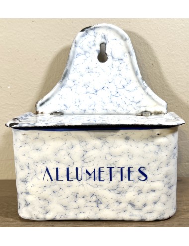 Match holder - white with blue clouded enamel and inscription ALLUMETTES in blue letters