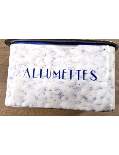 Match holder - white with blue clouded enamel and inscription ALLUMETTES in blue letters